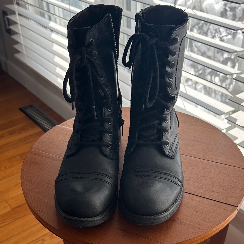 Wide Steve Madden Leather Tropa Black Lace-Up Combat Boots